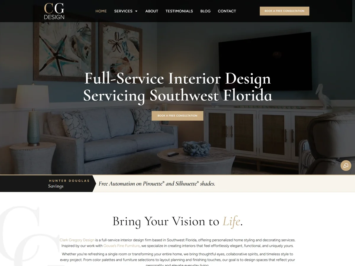 Clark Gregory Design website homepage showing interior-design services and residential project imagery.