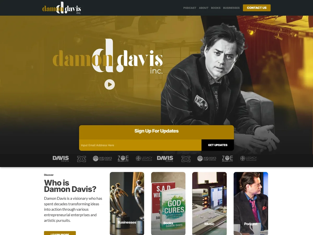 Damon Davis website homepage presenting his businesses, books, music, podcast, and contact information.