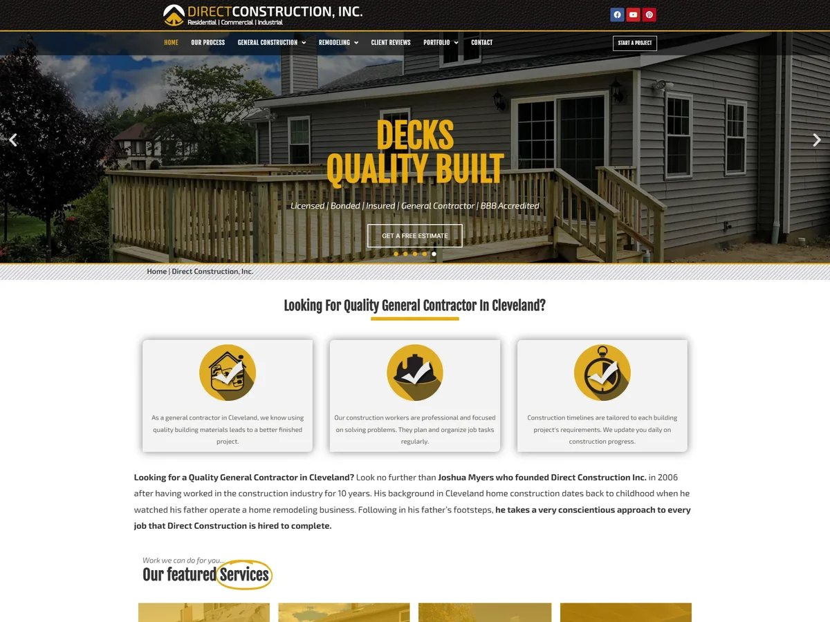 Direct Construction website homepage showing remodeling services, featured projects, process, and testimonials.