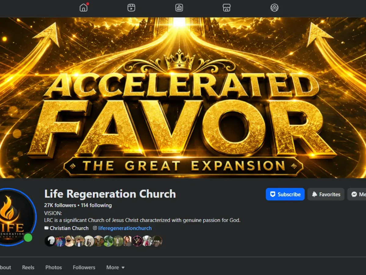 Life Regeneration Church Facebook page featuring its golden Accelerated Favor campaign artwork and church profile.