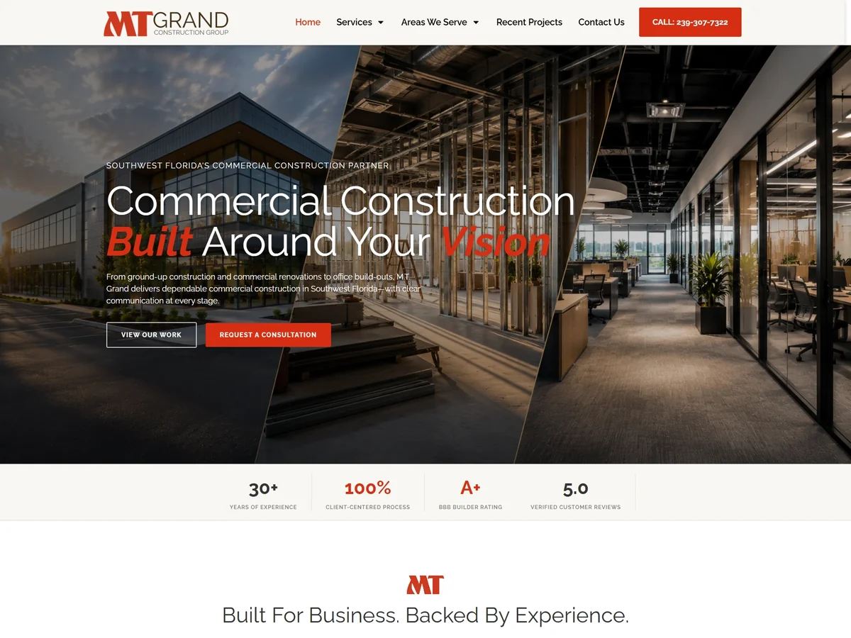 MT Grand Construction website homepage presenting commercial construction services, projects, and service areas.