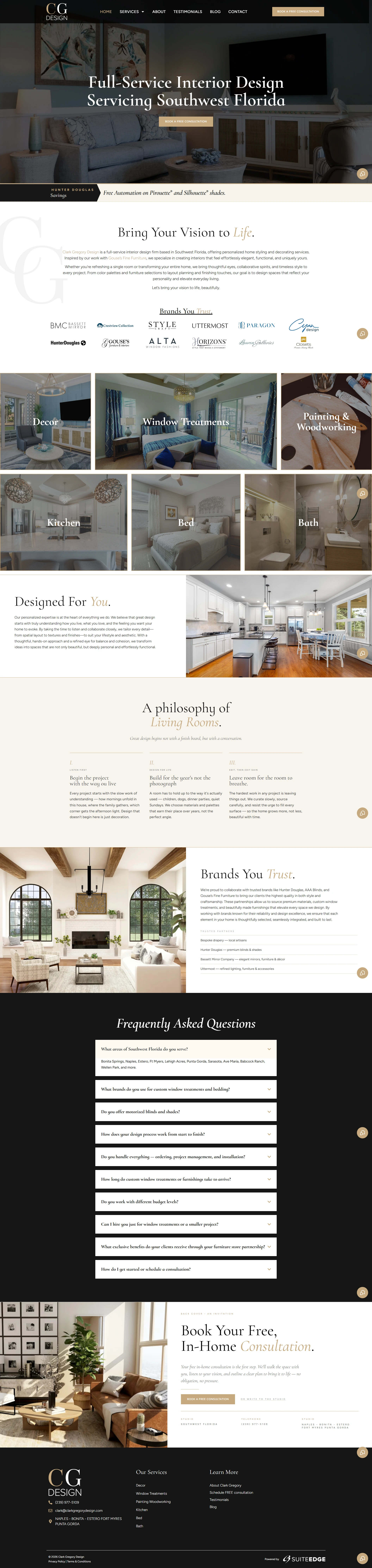 Clark Gregory Design website homepage showing interior-design services and residential project imagery.
