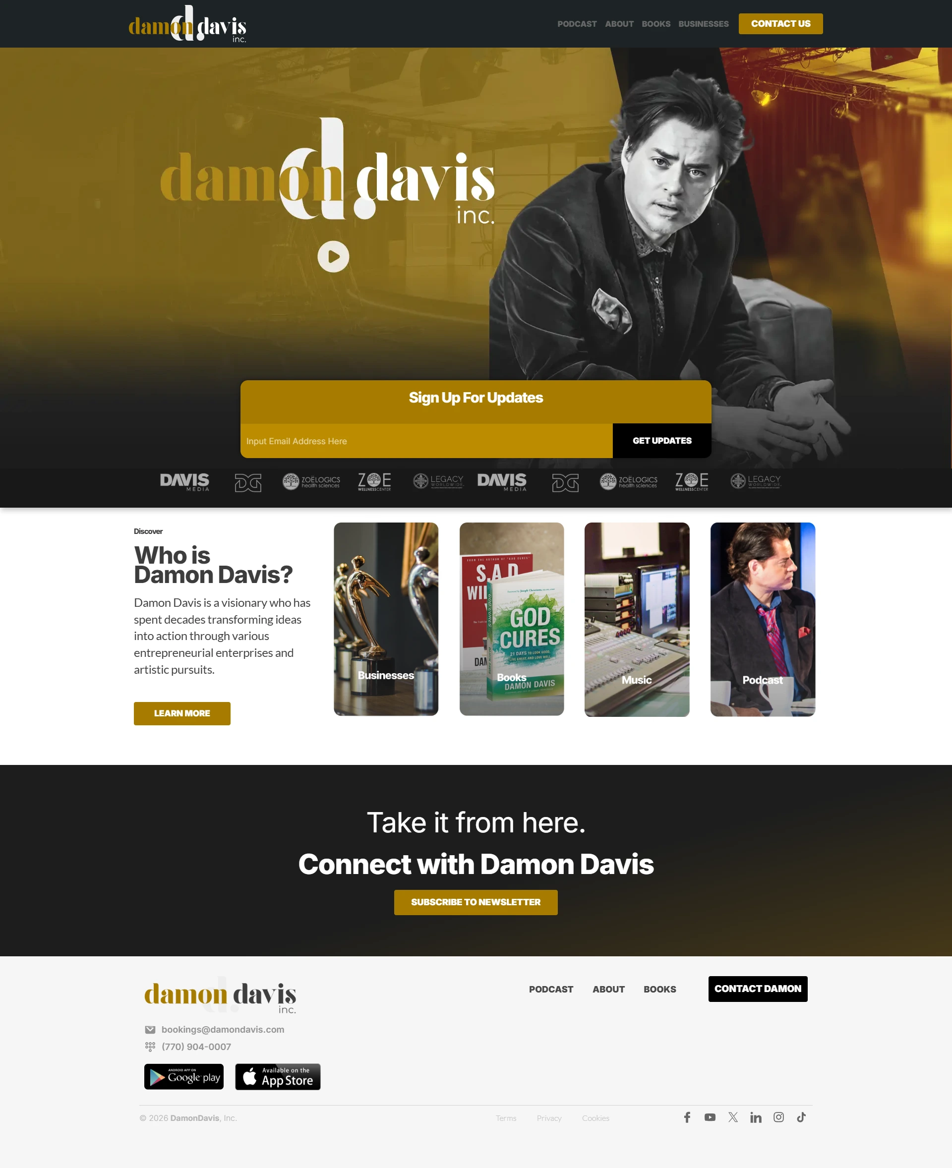 Damon Davis website homepage presenting his businesses, books, music, podcast, and contact information.
