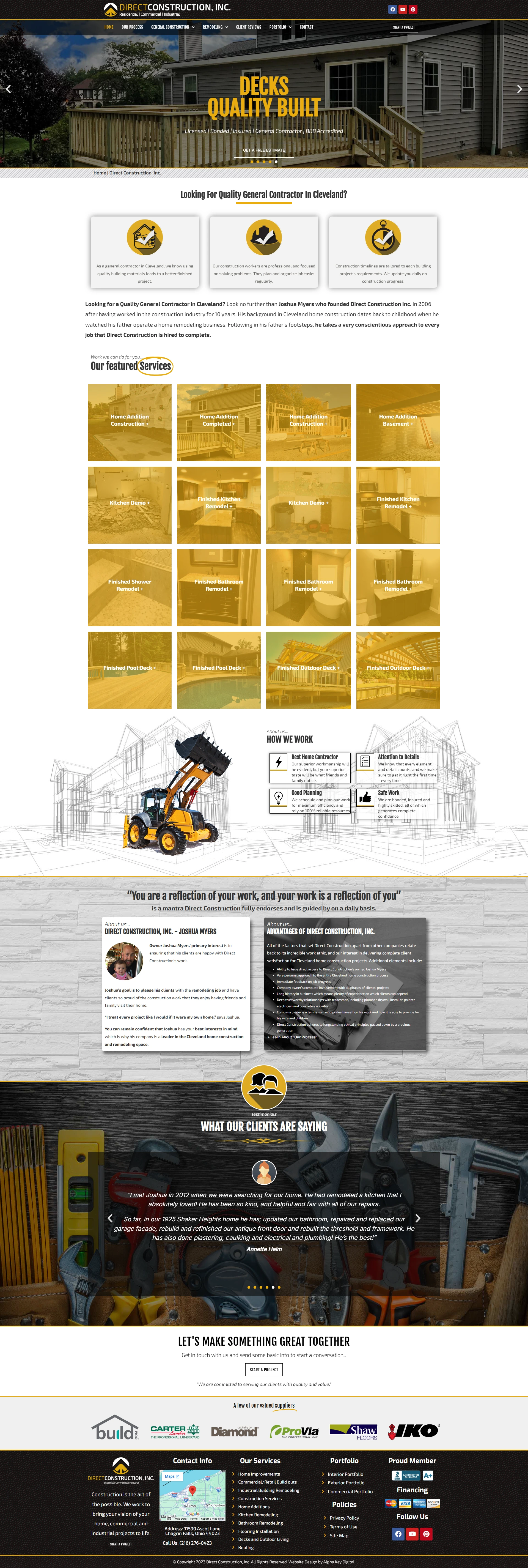 Direct Construction website homepage showing remodeling services, featured projects, process, and testimonials.