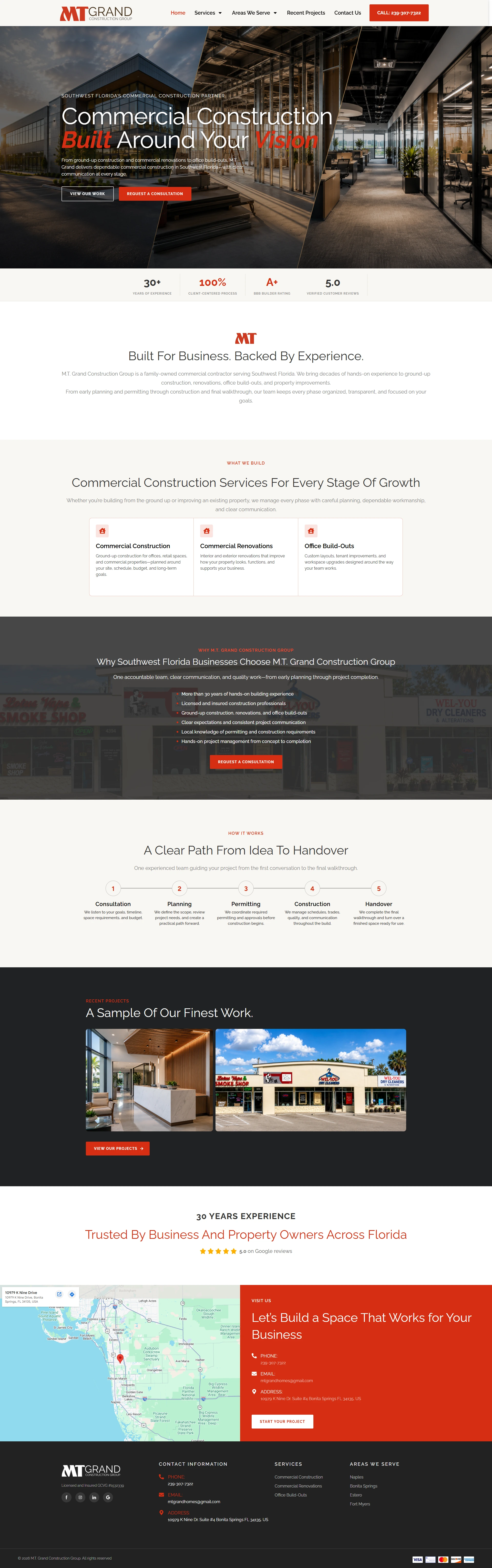 MT Grand Construction website homepage presenting commercial construction services, projects, and service areas.