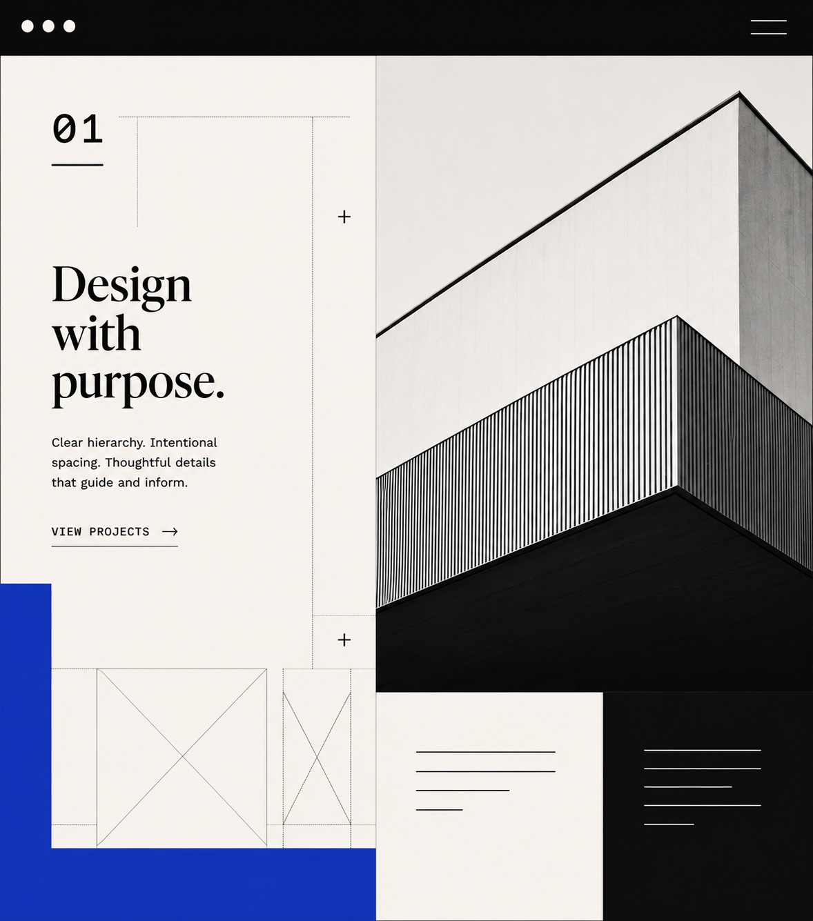 Editorial website composition combining wireframe structure, purposeful typography, cobalt accents, and black-and-white architecture.